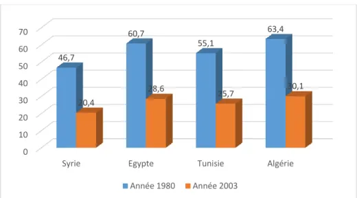 Figure 6 : Évolution du taux d'analphabétisme de la population âgée de 15 ans et plus en  Méditerranée (PASEM*) entre 1980 et 2003 (en %) 