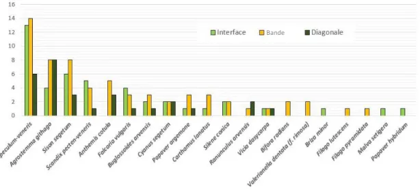 Figure 12 : Occurrence des taxons messicoles par secteur et par relevé (sur un total de 56 parcelles) 