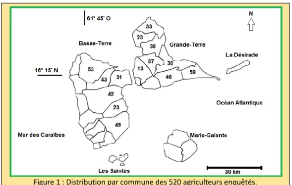 Figure 1 : Distribution par commune des 520 agriculteurs enquêtés. 