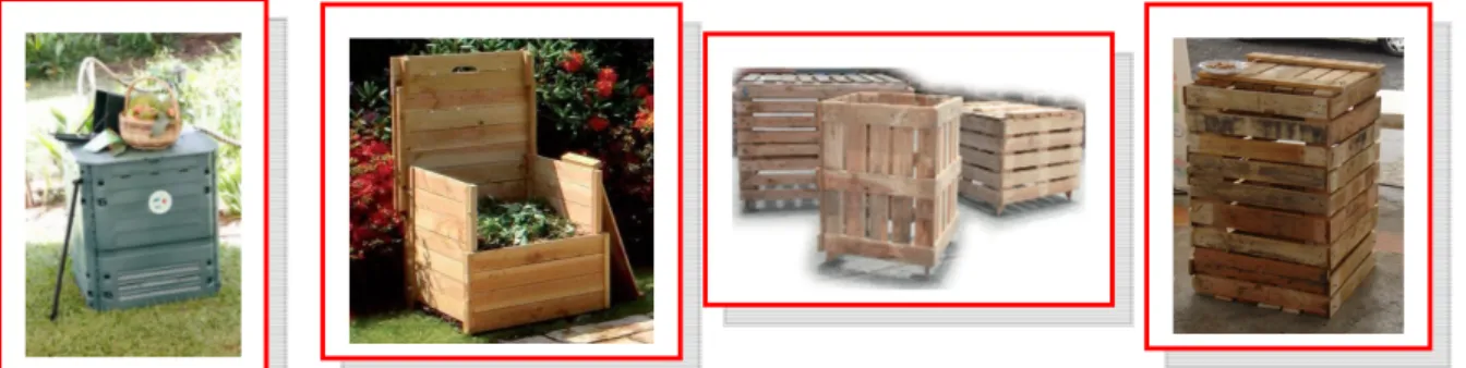 Figure 1 : les quatre modèles  de composteurs distribués par le Conseil Général. De gauche à droite : en  plastique, boisalys, karupal et trivaldec 
