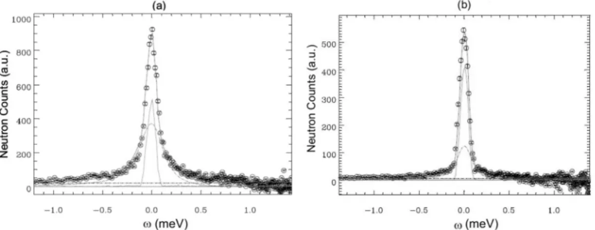 Figure 4. Quasielastic spectra measured by time-of-flight neutron scattering at 295 K and Q = 1.83 ˚ A −1 , on (a) bulk 8CB, and (b) 8CB confined in porous silicon.