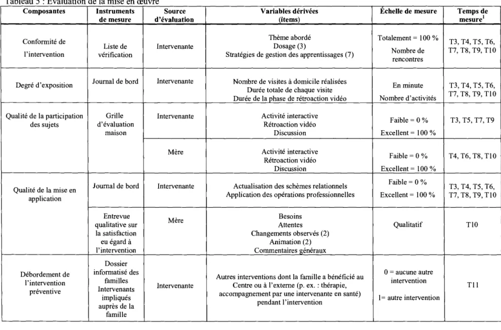 Tableau 5 : Évaluation de la mise en œuvre 