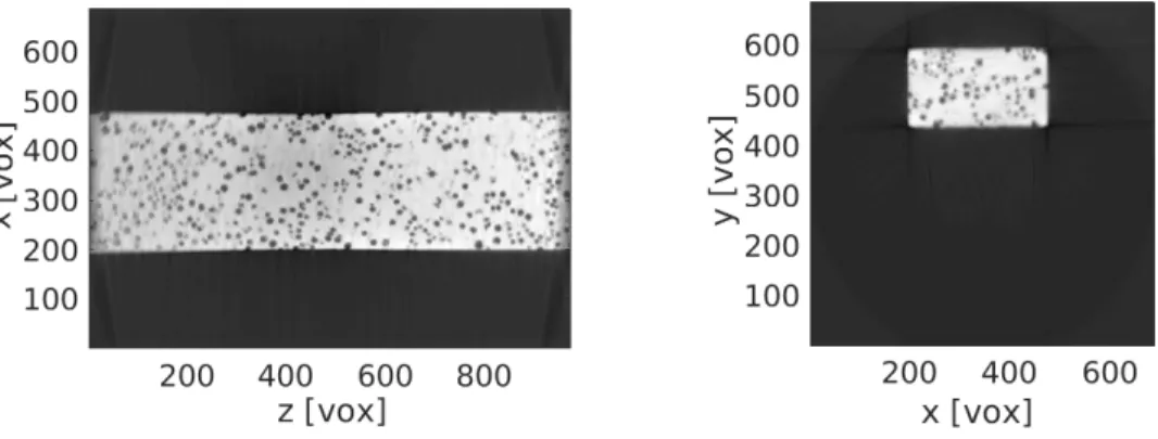Figure 2. Slices of the reconstruction of step 1 for (left) y = 500 voxels and (right) z = 150 voxels