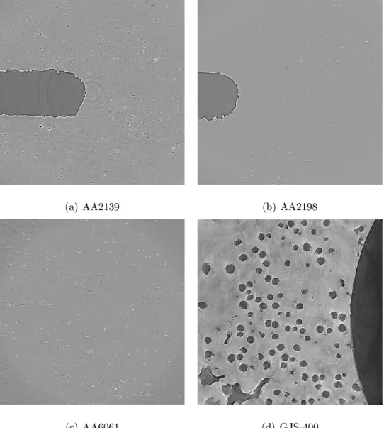 Figure 1: Mid-thickness L − T slice in 3D reconstructed volumes of three dierent aluminum alloys and one cast iron sample