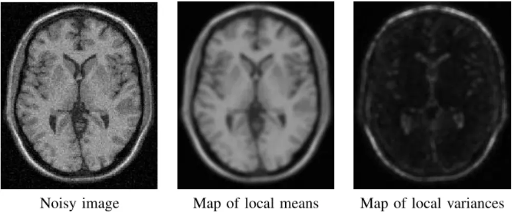 Fig. 2. Left: noisy image with 9 % of Gaussian noise (see Section IV). Center: map of the mean of u (N i ) denoted u (N i )