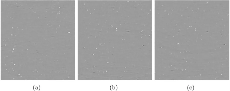 Figure 5: Slices parallel to the x− z plane taken from the undeformed volume (a), the volume at early (b) and late (c) stages of the test