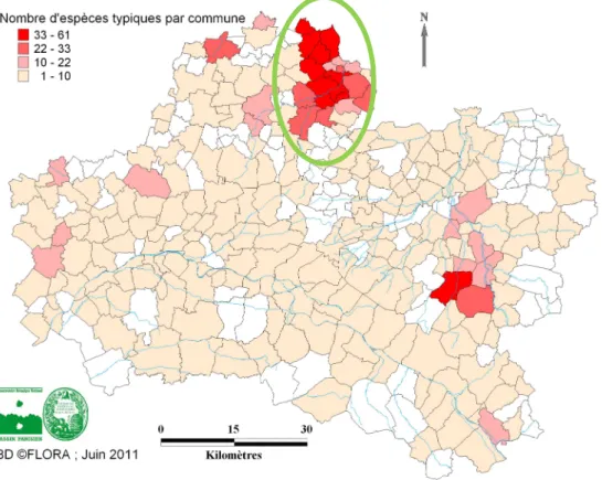 Figure n°8 : Nombre total d’espèces typiques de la sous-trame « pelouses et lisières sèches  sur sols calcaires » par commune du Loiret 