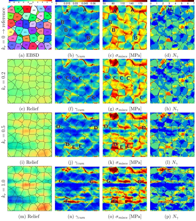 Figure 4: Influence of the surface roughness on the local mechanical fields when the loading direction is orthogonal to the streaks (uniaxial-y loading case m )