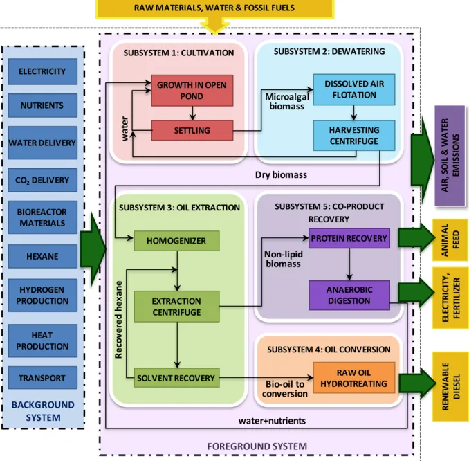 Figure  1.  Process  chain  and  system  boundaries  of  the  microalgal  biorefinery  for  the  simultaneous  production  of  renewable  diesel,  animal  feed  and  fertilizer  fraction  coupled  to  energy recovery by AD