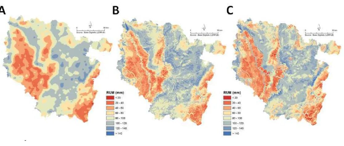 Figure 3 : Cartes des réserves utiles maximales des sols (RUM)  élaborées au pas de 1km (A), 500 m (B), et 50 m (C) sur l’ensemble de  la Lorraine
