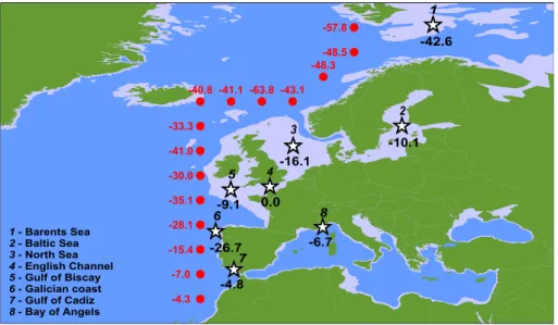 Figure 5 – Compilation of annually integrated air-sea CO 2  (gC m -2  yr -1 ) fluxes in  European coastal seas (stars and black numbers) (adapted from Borges et al