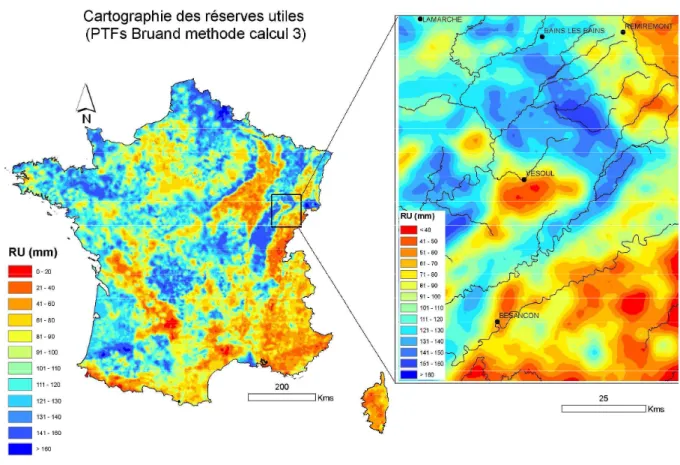 Figure 12. RUM cartographiée sur la France à partir des données IFN en utilisant la méthode Bruand- Bruand-3, avec une résolution de 50 m de côté.