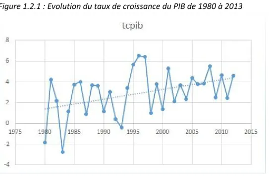 Figure 1.2.1 : Evolution du taux de croissance du PIB de 1980 à 2013