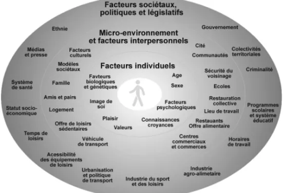 Figure 5.1 : Déterminants  de  l’activité physique et des choix alimentaires (d’après Booth et coll., 2001 ; Davison et Birch, 2001) 