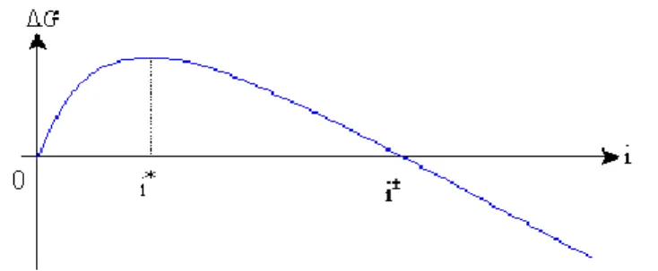 Figure 1 : Allure de la variation de l'enthalpie libre de formation d’un agrégat   en  fonction de sa taille i 