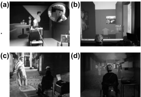 Fig. 2 Pictures of different MI-controlled VE: (a) exploring a virtual pub or (b) an apartment, (c) visiting the national library and (d) walking by thoughts in case of a wheelchair person.