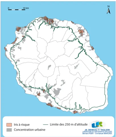 Figure 5. Carte des quartiers à risques sanitaires situés à moins de 250 mètres d’altitude 