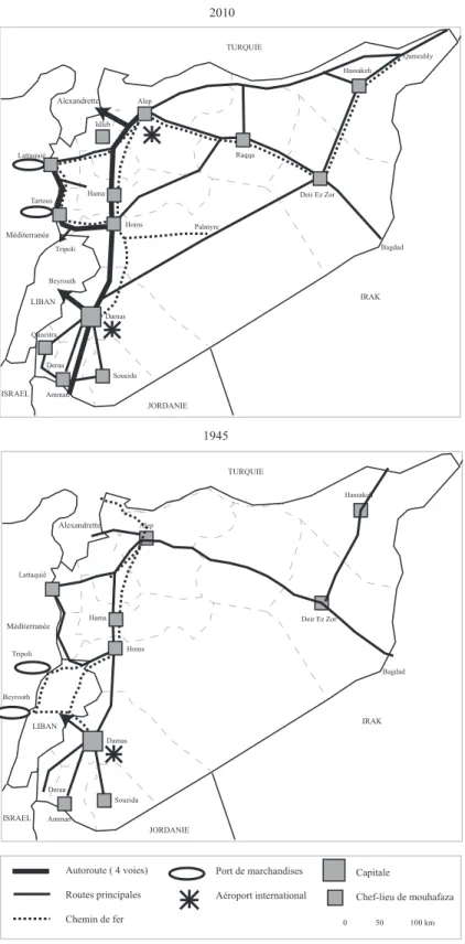 Figure 5 : Le réseau de transport en Syrie en 2010 et en 1945