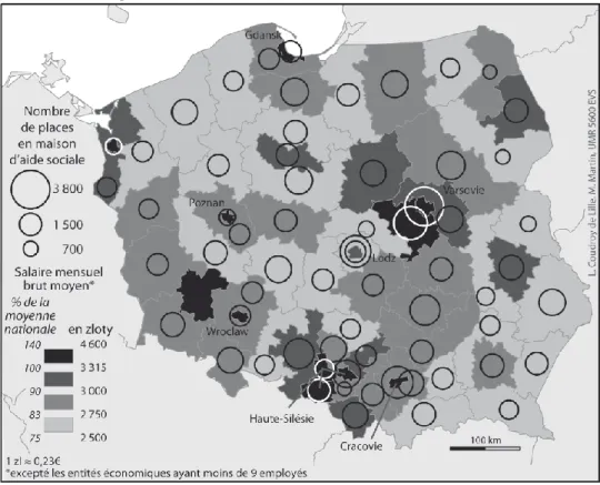 Figure 3 : Nombre de places dans les maisons à caractère social et salaire moyen dans les sous-régions  (NUTS 3) en Pologne en 2009 