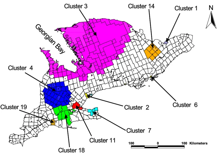 Table 2: Significant low rate giardiasis spatial clusters in southern Ontario, 1990–98