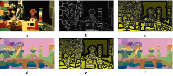 Figure 1: Watershed-based segmentation of stereo images. From the reference image (a) a colour thick gradient is computed (b)