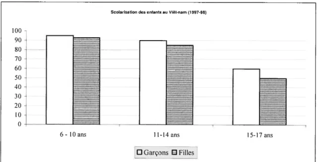 Figure 1: Scolarisation au Viét-nam par genre et par groupe d’âge, 1997-1998 ( UNDP, 2002 t 14.)