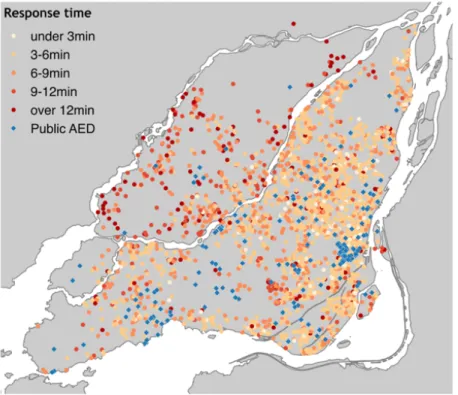 Figure 1. Map showing the location of registered PAED and OHCA cases with their response  times 