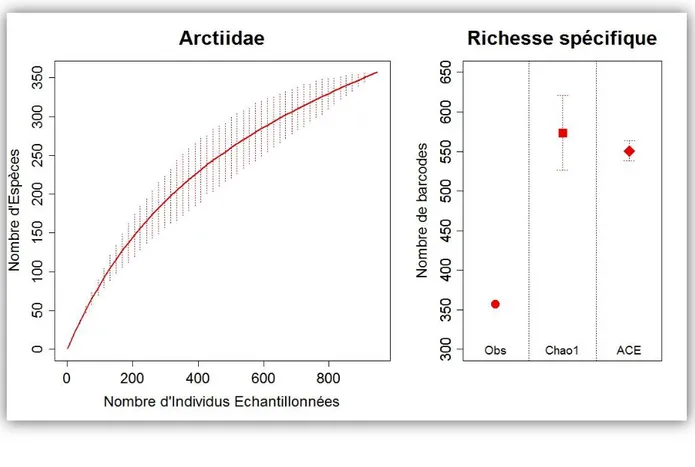 Figure 4 : Ci-dessous : Courbes de raréfaction et estimations du nombre total d'espèces  pour la  famille  des  Arctiidae