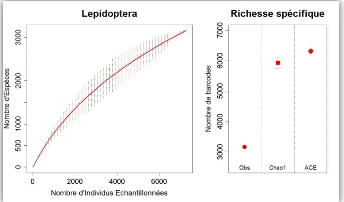 Figure  10  :  Ci-dessous  :  Courbes  de  raréfaction  et  estimations  du  nombre  total  d'espèces  pour  tous  les  lépidoptères  des  Nouragues