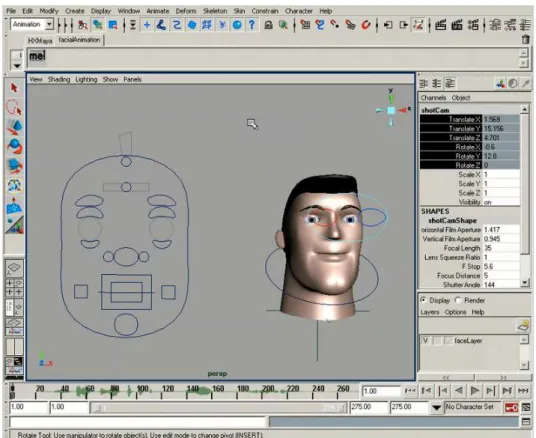 Figure 3.3 : Exemple d’utilisation de la technique de rigging appliquée à l’animation  faciale dans le logiciel Maya 