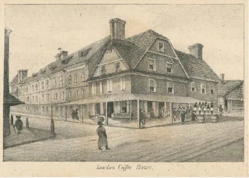 Fig. 2 A slave auction taking place in front of the London Coffee House. Litograph by W