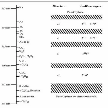 Figure I.3 : Structure d’hydrate en fonction du rayon de la molécule de gaz, (Sloan, 1998)  