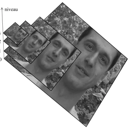 Figure 2.2 : Pyramide d’image à 4 niveaux obtenue récursivement par filtrage gaussien et sous-échantillonnage d’un facteur 2 sur chaque axe.
