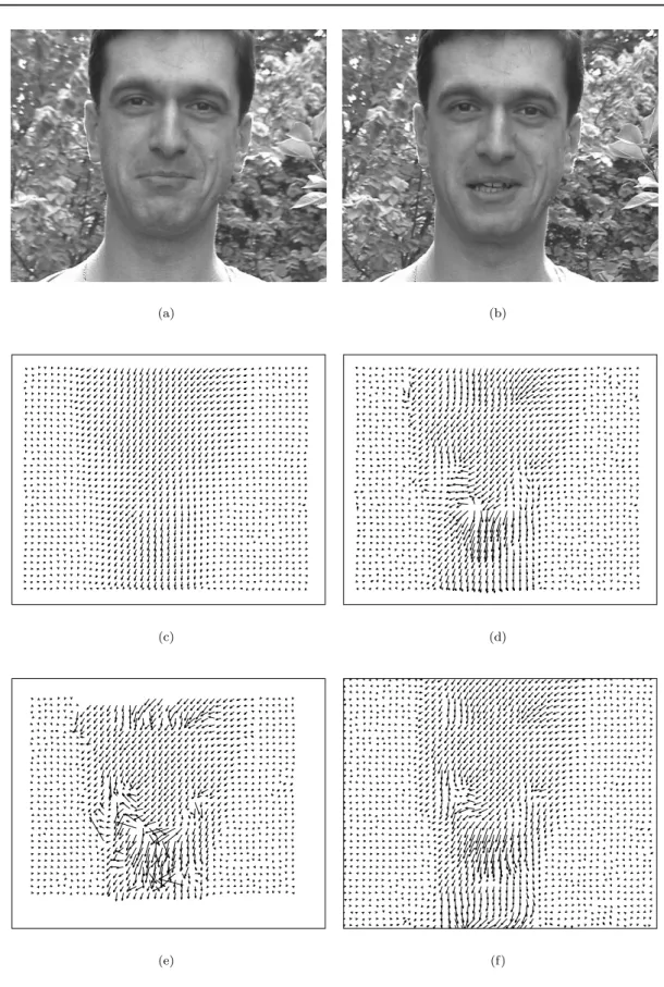 Figure 2.4 : Diﬀérentes estimations du flot optique : (a) et (b) images de test ; (c) et (d) algorithme de Horn et Schunk avec le paramètre de lissage α = 100 et α = 20,  respec-tivement ; (e) algorithme de Lucas et Kanade ; (f) algorithme de Quénot.