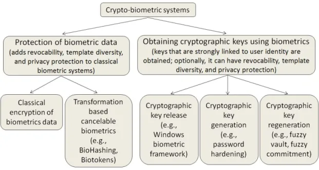 Figure 2.1: The proposed classification of crypto-biometric systems. Primary criterion for this classification is the main goal of the system
