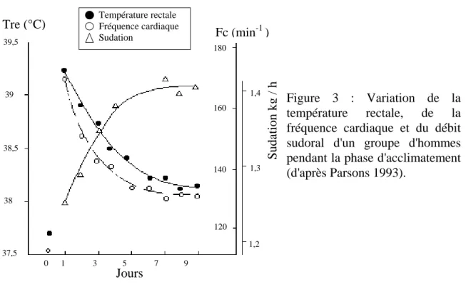 Figure 3 : Variation de la  température rectale, de la  fréquence cardiaque et du débit  sudoral d'un groupe d'hommes  pendant la phase d'acclimatement  (d'après Parsons 1993)