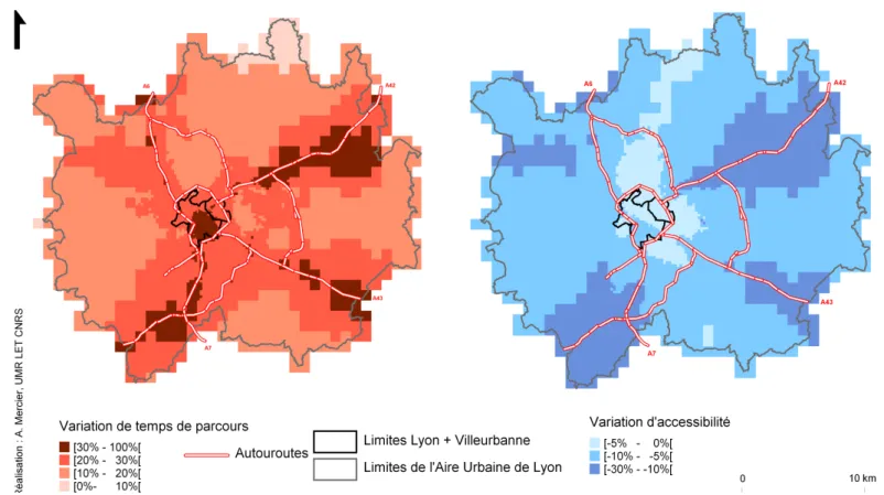 Figure 4 : Variation de temps de parcours et d’accessibilité aux emplois de l’aire urbaine suite à l’introduction du niveau de congestion  automobile 