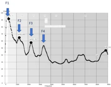 Figure 4 : spectre moyen d’une voyelle /e:/ tenue prononcée par un homme de 59 ans montrant les formants  F1..F4 