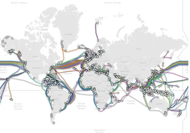 Fig. 1.1 shows the map of optical submarine cables laid worldwide by 2017, stretching over 1.1  million km [7]
