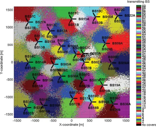 Fig. 3.2 Best server map in the covered area.