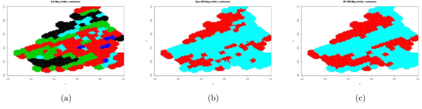 Figure 5: Classification automatiques du m´ etal Cr. (a) classification g´ eologique, (b) classification par algorithme Geo-EM (c) classification par algorithme SF-EM.
