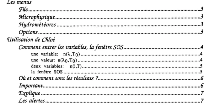 Table des  Matières  Présentation  Les  menus  file 3  Microphysique  3  (Hydrométéores 3  Options 3  Utilisation de  Cfdoé 