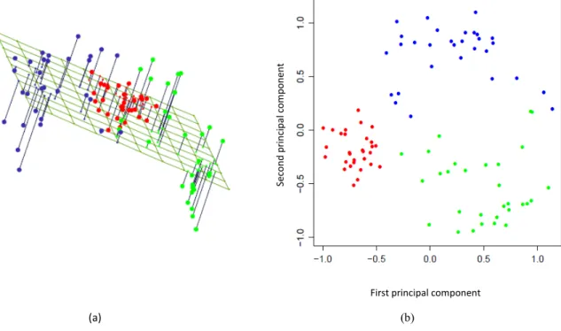 Figure  26.  Illustration  of  a  linear  PCA  approximation  to  a  half-sphere  circumscribed  data:  (a)  two-dimensional  principal  component  surface  fit  to  the  half-sphere  data  (left  image);  (b)  projection  of  the  data  onto  the  first  