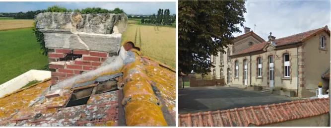 Fig 11. Chute d’élément de maçonnerie d’une cheminée   (photo Gauche : ©Bernier, droite : Google Street view 2009)