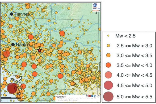 Figure 4 – Localisation du séisme du 21 juin 2019 (étoile rouge) sur l’extrait régional du Catalogue SiHex 2018 (Cara et al,  2015) 