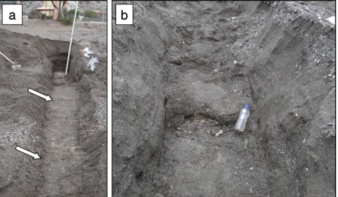 Figure 3: a) Surface supérieure du beach-rock (flèches blanches) visible après excavation du sable de plage non consolidé (île de Lesbos,  Grèce)