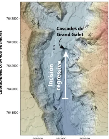 Figure 3: Incision régressive dans le plateau de Grand Galet causé  par la Rivière Langevin