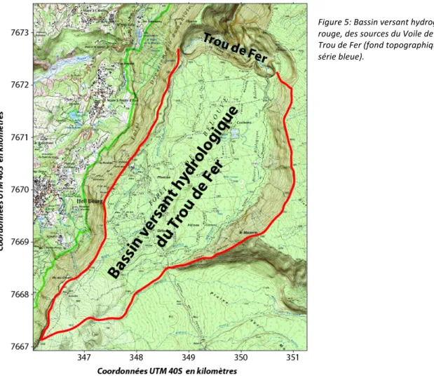 Figure 5: Bassin versant hydrogéologique, délimité en  rouge, des sources du Voile de la Mariée et de celles du  Trou de Fer (fond topographique: carte IGN TOP25  série bleue)