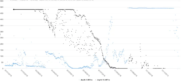 Figure 3 : Données de turbidité brutes mesurées à la station MesuRho, fréquence d'échantillonnage 30  min, en sub-surface (bleu) et au-dessus du fond (noir)