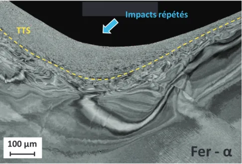 Figure 1 – Exemple d’une surface de fer-α mécaniquement transformée par des impacts répétés (micro-percussion)